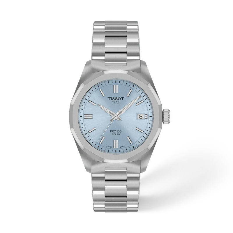 Unisex Tissot PRC 100 Solar Watch with Ice Blue Dial and Stainless Steel Bracelet (Model: T1518221135100)